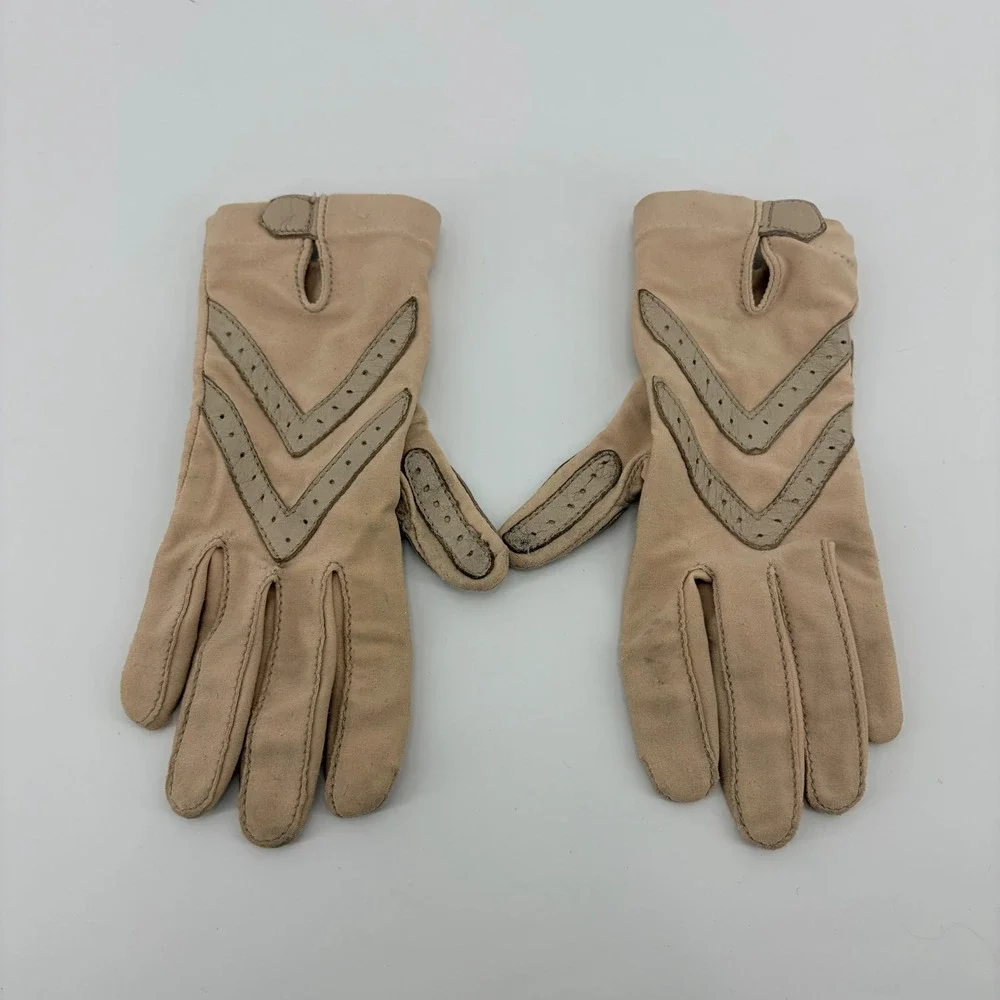 Aris Isotoner Vintage Tan Driving Gloves Leather Trim‎ Spandex One Size Beige